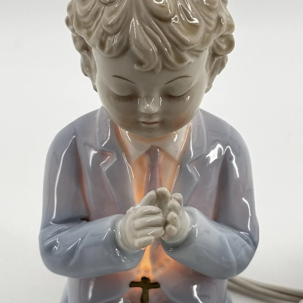 Vintage Nursery Night Light Bisque Porcelain Lamp Boy Praying Rosary